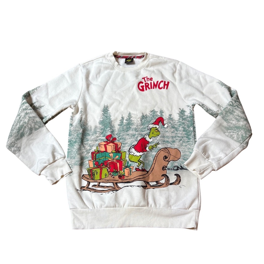 Dr. Seuss The Grinch Sweatshirt Womens White Holiday Graphic Pullover SIZE XS
